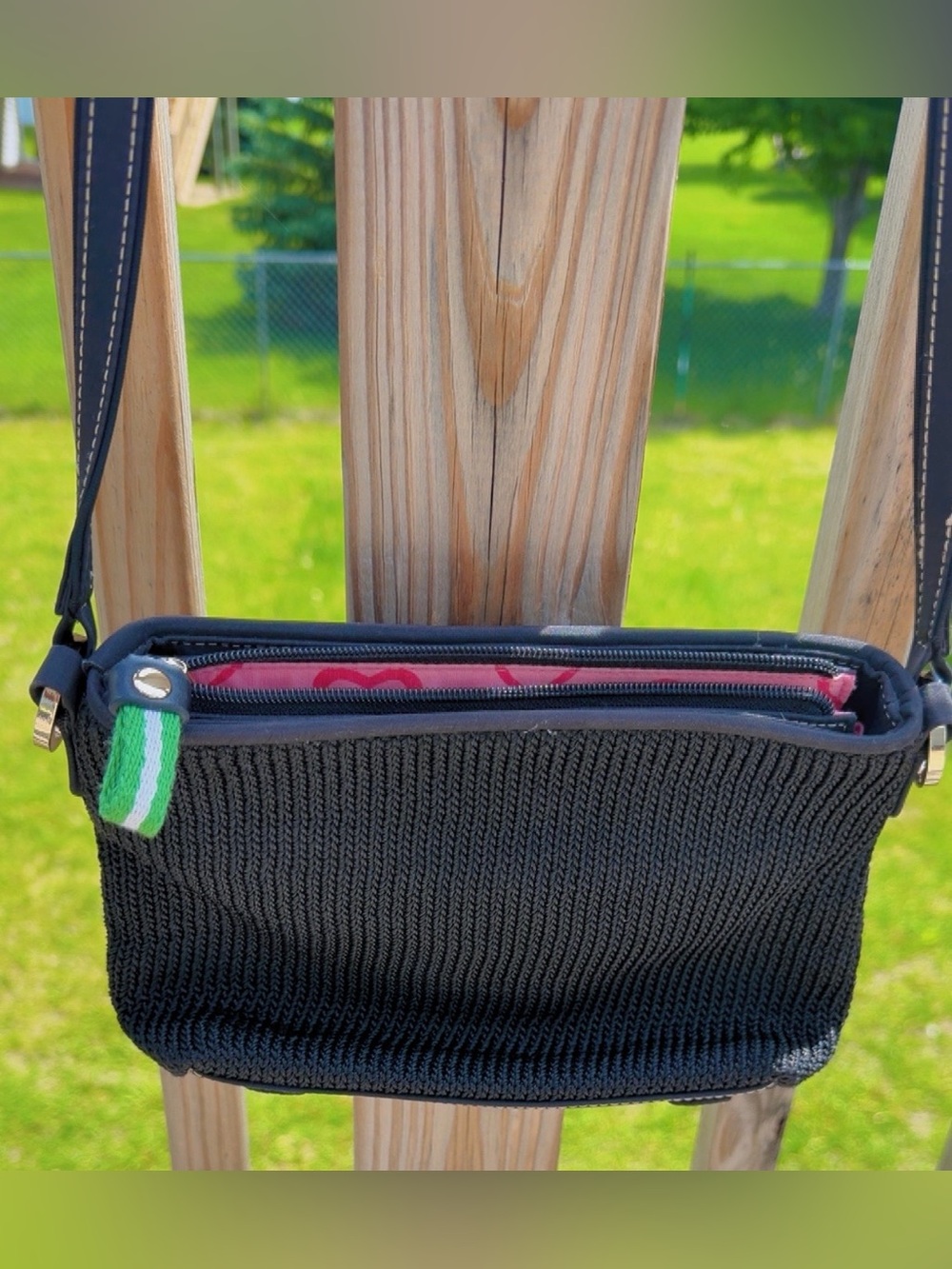 Black Knit Crossbody Bag with Pink Interior Accent